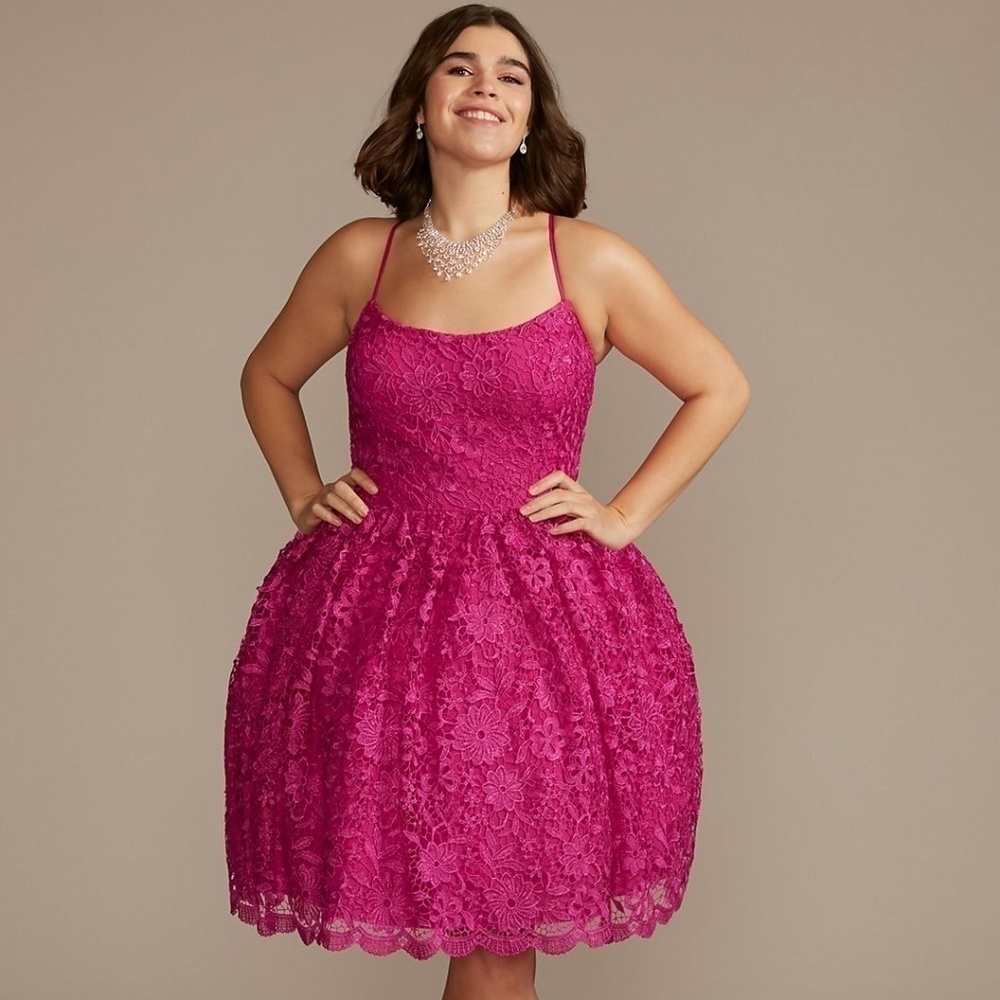FIFTEEN ROSES Fuscia Pink Begonia Floral Lace Mini A-Line Damas Dress Sz 18 NWT.